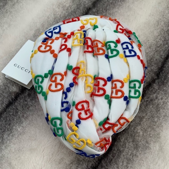 Gucci Other - Gucci GG Logo Ivory Rainbow Embroidered Turban Hat